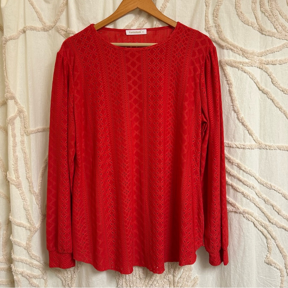 Fantaslook Sheer Eyelet Lace Voluminous Sleeve Red Top
